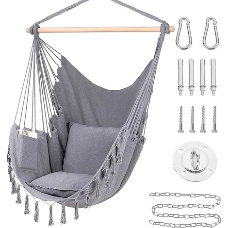 Silla hamaca colgante de cuerda, columpio colgante de cuerda con 2 almohadas, bolsa de transporte y kit de montaje, perfecta para uso en exteriores e interiores, patio, terraza y jardín, capacidad de (1/5)