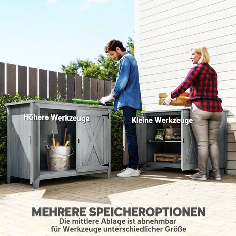 Abri de jardin en bois gris clair, rangement extérieur pour outils, double porte style grange, abri terrasse. (1/4)