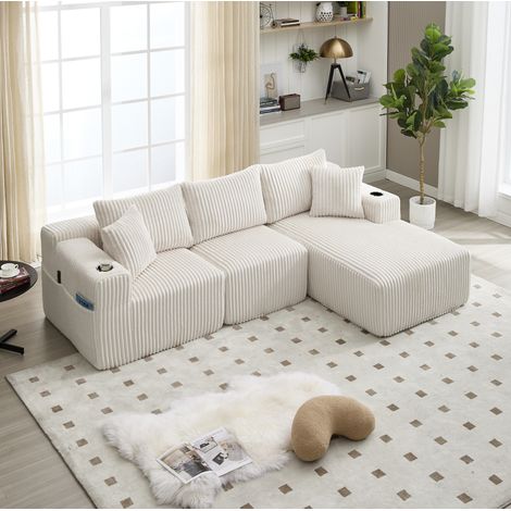 Divano con chaise longue modulare in corduroy beige 257x90-160x62 cm, con portabicchieri e 5 cuscini (1/5)