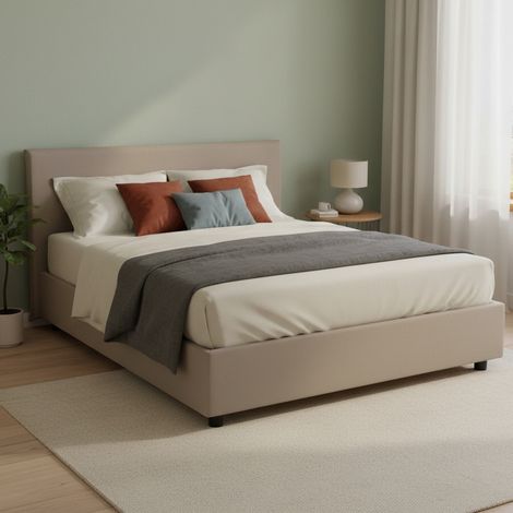 Talamo Italia Cama matrimonial Brenda, Cama contenedor con revestimiento de tela, 100% Made in Italy, Apertura frontal, con colchón Cm 160x200 incluido, Tórtola, con embalaje reforzado (1/5)