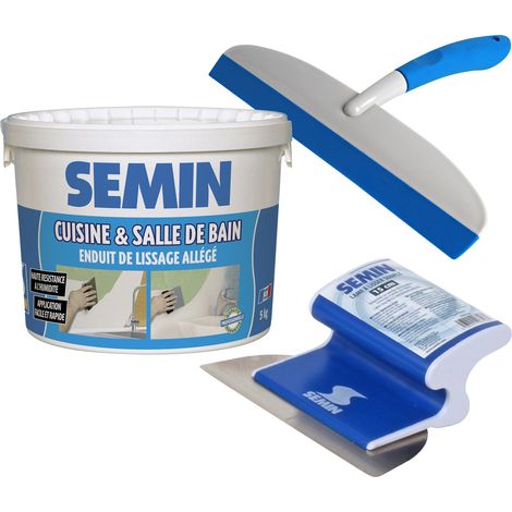 Enduit de lissage cuisine et salle de bain Semin - seau de 5 kg, une lame CE 78 pour enduire et lisser - 15 cm et une raclette à lisser - 30 cm