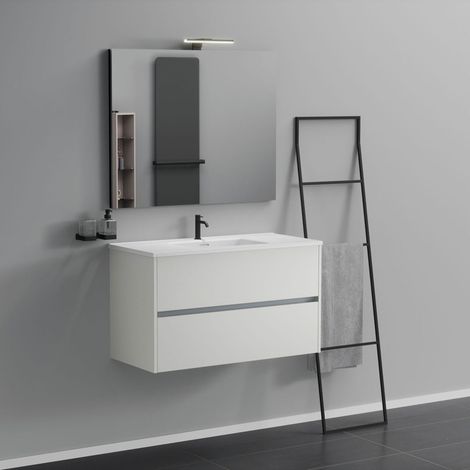 Inda - Badezimmerschrank 2 Schubladen L.100 mit Waschbecken, Spiegel und Lampe - Mattweiß