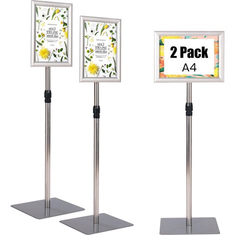 COSTWAY Porte Affiche sur Pied A4 Lot de 2, Présentoir sur Pied 360 °, Hauteur Réglable 73,5-118 cm, Cadre en Alliage d'Alu, Tube en Acier INOX, Support Affichage A4 Intérieur Extérieur (Argent x 2) (1/5)