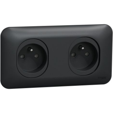 Bloc 2 prises 2P+T 16A anthracite horizontale entraxe 71mm complete avec support et plaque série Ovalis
