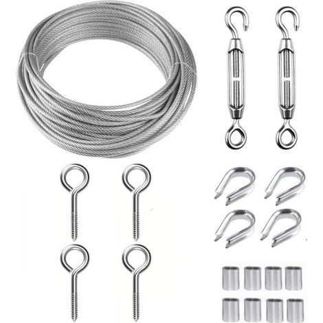 Kit câble inox 2mm 15m – avec tendeur M5 + crochets œil – gainé – pour plantes grimpantes / corde à linge / escalier