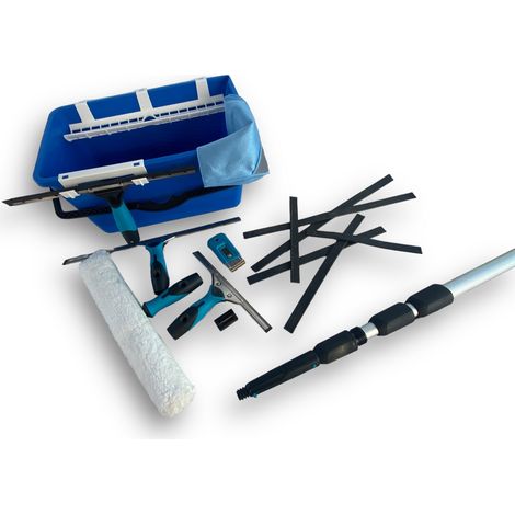 Kibros – Kit laveur de vitres hyper-pro avec perche télescopique 1,25 à 5m – 3 raclettes 25/35/45 cm – Seau 18L – Chiffon microfibre et grattoir (1/5)
