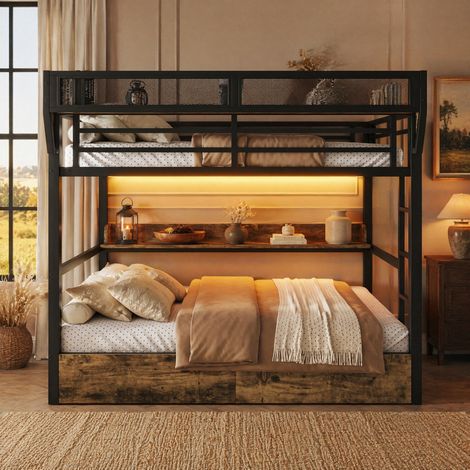 Letto a castello 140 x 200 cm in metallo e MDF, con ripiani, 2 cassetti e LED, nero HAVRYA (1/5)