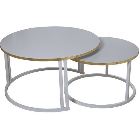 Lot de 2 Tables d'Appoint Bois Blanc Pieds Métal Blanc °80X43+°60X38 Cm, Bord Doré (1/4)