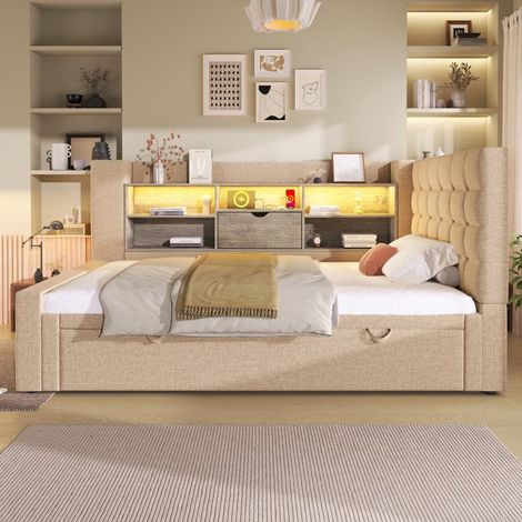 Lit - KOMHTOM - Tapissier 90x200 - Lit tirant 90x190 - LED intégrée - Tête L avec rangement (1/5)