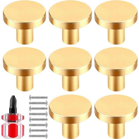 Lot de 8 boutons de meuble, poignées rondes pour commode et armoire, couleur or. (1/5)