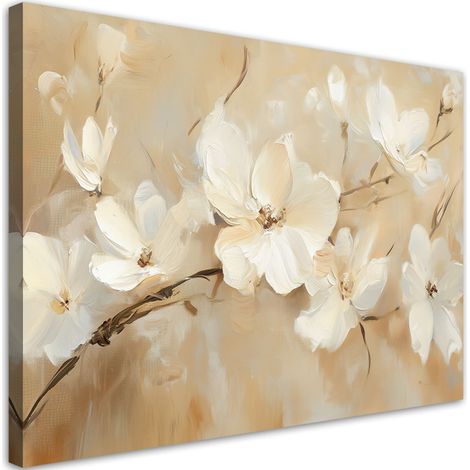 Tableau déco Fleurs blanches sur fond beige 60x40 (1/5)