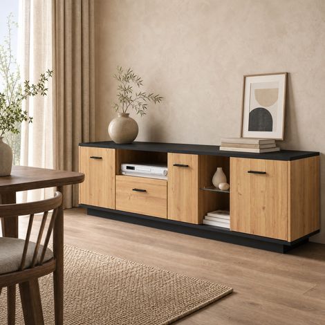 Mueble para TV de MDF negro y madera 180x37x45 cm, 3 puertas, 1 cajón, estantes de cristal y LED de 16 colores (1/5)