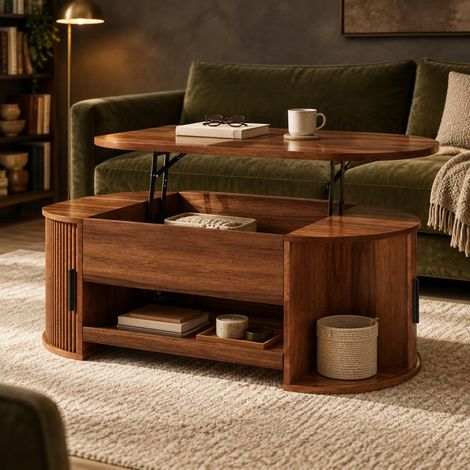 Mesa de centro elevable 110x55x55 cm en MDF nogal con almacenaje integrado – MEUBLIV (1/5)