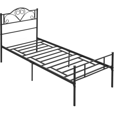 Cadre lit simple acier 90x200 cm sommier lattes intégré tête pied, lit une place économique