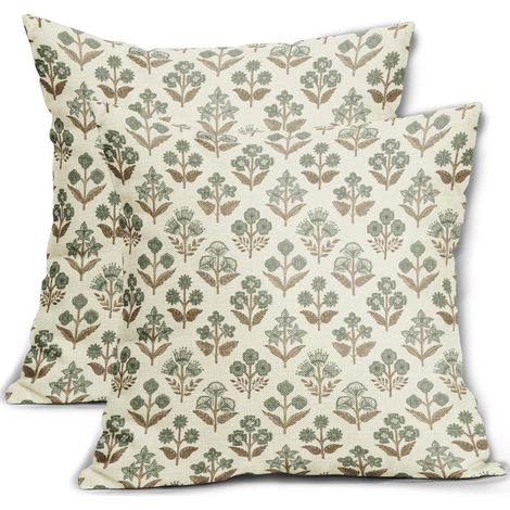 Set aus 2 dekorativen Kissenbezügen mit olivgrünem Blumenmuster, 40 x 40 cm, im Vintage-Stil, für Sofa, Bett oder Garten. Ideal für Frühling und Sommer.
