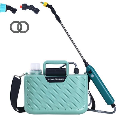 Pulverizador eléctrico para jardín con batería, 2 boquillas, capacidad de 5 litros, mango USB y lanza telescópica (azul). (1/5)