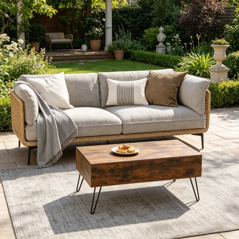 Tavolino basso rialzabile con vano portaoggetti nascosto, marrone rustico, 95x40/55.5x50/71.5 cm