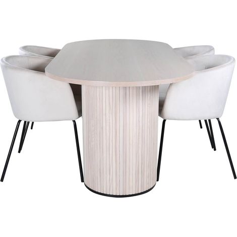 BiancaWW ensemble table, table chêne plaqué blanc washed et 4 Berit chaises Velours beige.