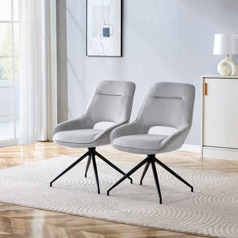 Fauteuil de salle à manger inclinable [Pack de 2], pivot 360°, revêtement velours gris clair, piètement métallique noir, assise respirante, usage quotidien pour cuisine ou espace repas contemporain. (1/5)