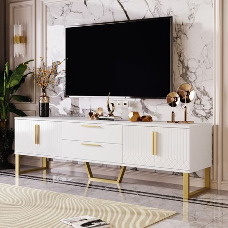 Meuble TV Brillant Accents Dorés, Porte Texturée et Rangement Luxueux pour Salon, Design Élégant et Fonctionnel, 170x40x35 cm, Blanc (1/4)