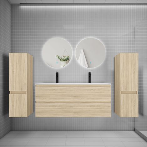 Ensemble meuble de salle de bain et lavabo chêne (L.120cm) 4 tiroirs + meuble haut2 + lavabo + miroir rond LED2