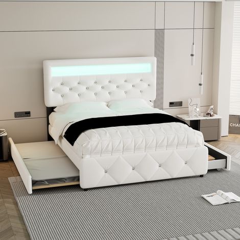 Lit adulte 140x200 cm, lit double avec lit gigogne 90x190 cm, lit avec tiroirs et table de chevet, tissu en lin, beige, sans materlas (1/5)