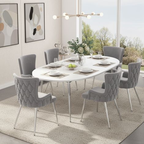 Set of 6 Grey Velvet Dining Chairs with Silver Metal Legs for Luxurious Living Room and Bedroom Lounge Decor