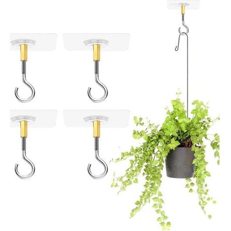 4 Stück selbstklebende Deckenhaken ohne Bohren, transparent zum Aufhängen von Pflanzen mit Edelstahlhaken, selbstklebend