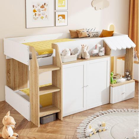 Kinder-Hochbett 90x200 cm Hausbett Stil aus Holz in Weiß/Natur, halbhoch mit breiter Leiter, Stauraum und Türen (1/5)