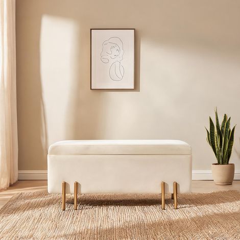 Pouf de rangement velours beige 110 cm métal doré toile en (1/5)