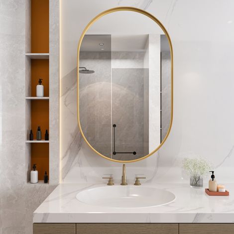 Armoire miroir de salle de bain ovale moderne en métal doré, murale ou encastrable, avec 2 étagères en verre réglables (1/5)