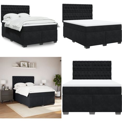 Sommier à lattes de lit et matelas Noir 160x200 cm Velours - Lit Double - Lit Plateforme - Matelas À Ressorts Ensachés - Literie - Chambre À Coucher - Home & Living (1/5)
