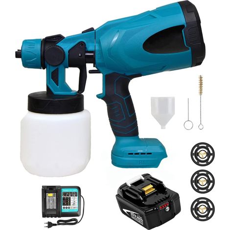 Akku Farbsprühsystem,Elektrische Farbpistole, zum Streichen von Wänden, Decken, Möbeln, Gartenzaun, Batterie-Farbsprühsystem, Sprühgerät, 1000ml,Kompatibel mit Makita-Akku (Akku und Ladegerät 5.5Ah)