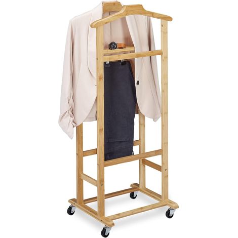 Valet de Chambre à roulettes, Portant en Bambou, Range-vêtements Chambre, H x L x P : 107 x 47 x 37 cm, Nature (1/5)