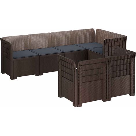 Canapé de Jardin Modulable 7 Places Aspect Rotin PP Marron avec Coussins Gris Clair - PANGIVO (1/5)