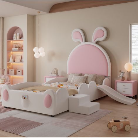Letto singolo 90x200 cm bianco rosa in PU con ruscello e scaletta (1/5)