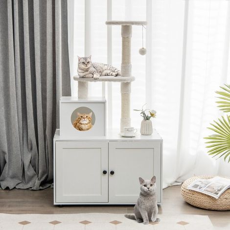 Gabinete para gatos con poste rascador y carcasa de poste rascador de sisal para inodoros para gatos muebles para gatos blanco