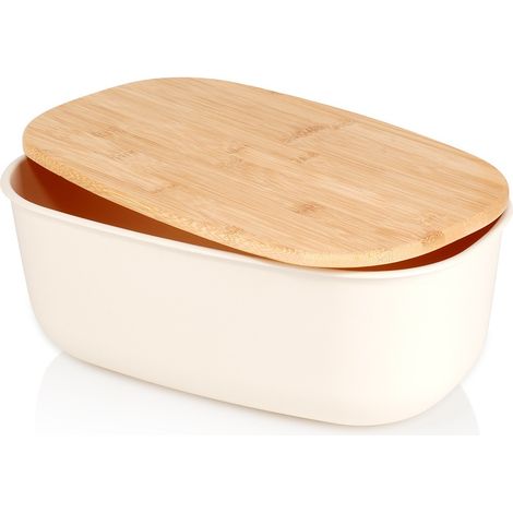 Boîte à pain crème avec plateau en bambou 39 x 23,5 x 15,5 cm