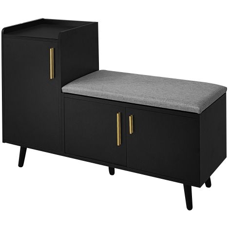 Banc à chaussures noir, assise rembourrée et étagères réglables