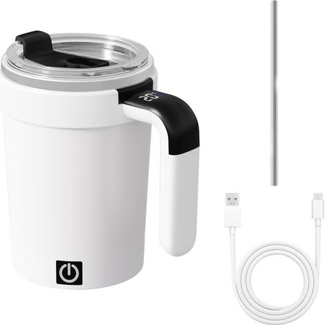 Mug à café auto-mélangeur 380 ml, tasse électrique magnétique amovible avec couvercle et paille, tasse en acier inoxydable avec affichage de la température, convient à la maison, au bureau et aux voya (1/5)
