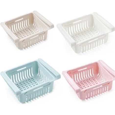 Juego de 4 piezas para almacenamiento y organización de cocina para refrigerador, organizador de cajones retráctil para refrigerador, azul, blanco, rosa y beige