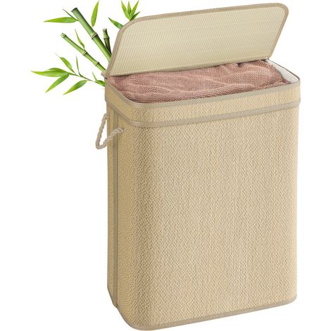 Songmics – Panier à linge en bambou 90 litres – Sac amovible et lavable en machine – Couvercle et poignées pour transport facile – Dimensions 49 x 33 x 61 cm (1/5)