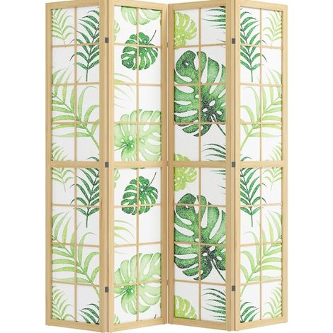 Paravento pieghevole a 4 ante con motivo tropicale verde e struttura in legno (1/5)