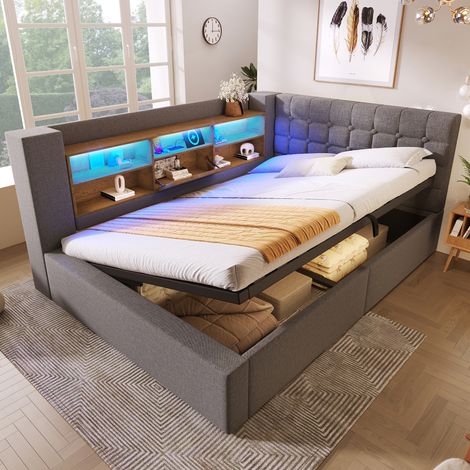 Lit coffre 140x190 gris en tissu lin avec rangement hydraulique, éclairage LED, ports USB et tête de lit en L réversible, sommier à lattes inclus (1/5)