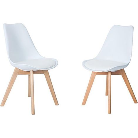 H.J Wedoo – Lot de 2 chaises scandinaves – Pieds en bois de hêtre massif – Assise rembourrée en cuir synthétique – Hauteur d'assise 43 cm – Blanc (1/5)