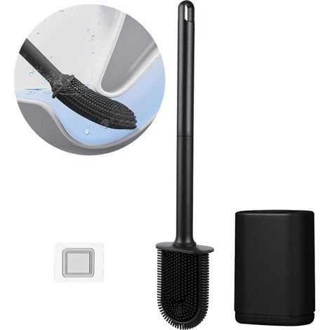 Silikon-Toilettenbürste, flache, flexible Toilettenbürste, Badezimmer-Toilettenbürste mit schnelltrocknendem Behälter, Wandmontage ohne Bohren, schwarze Silikon-Toilettenbürste (1/5)