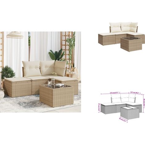 5-tlg. Garten-Sofagarnitur mit Kissen Beige Poly Rattan - Gartenmöbel Set - PE-Rattan Möbel - Outdoor Sofa - Esstisch - Lounge Garnitur (1/3)
