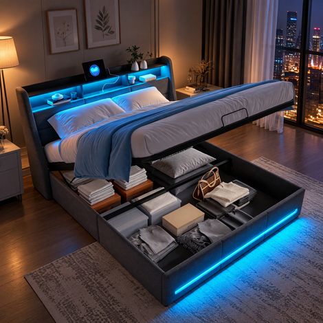 JOOKGBD-Polsterbett 140x200 cm mit LED-Kopfteil,Doppelbett mit USB und Lattenrost,Jugendbett,Hydraulischem Stauraum mit 4 Schubladen und Metallrahmen,Leinenstoff,Grau,Ohne Matratze (1/5)