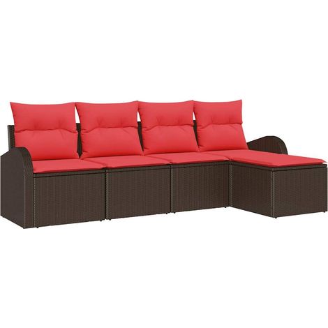 Sofa Set with Cushion 5 pcs Brown and Red Poly Rattan vidaXL