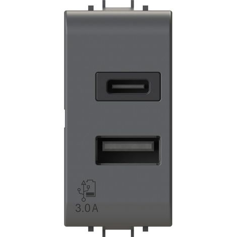 Modulo doppia presa USB 2.0 tipo A e USB 3.1 tipo C, 5Vdc 3A, serie U, nero, compatibile con serie Gewiss Chorus - 4Box USB CA 20W 4B.G12.USB.30 (1/4)